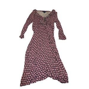 Boden Women’s Knit Dress VNeck Rufffle Navy with Pink Floral Print A Line 12 EUC